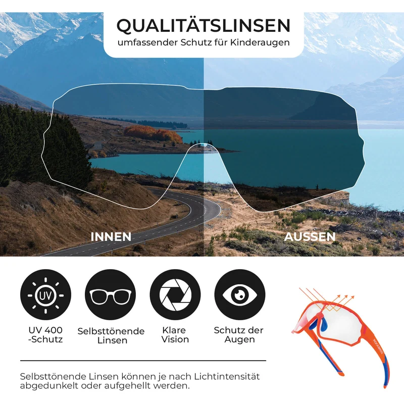 ROCKBROS Kinder Fahrradbrille UV400-Schutz Selbsttonend Sonnenbrille