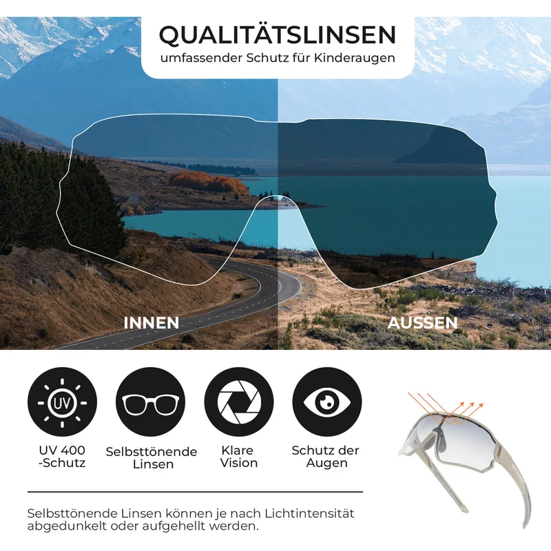 ROCKBROS Kinder Fahrradbrille UV400-Schutz Selbsttonend Sonnenbrille