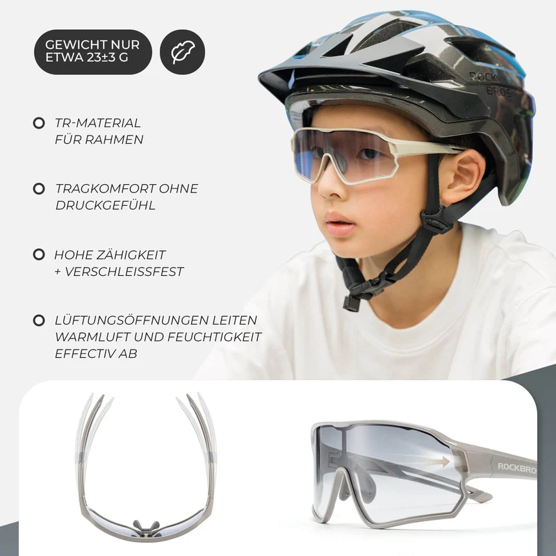 ROCKBROS Kinder Fahrradbrille UV400-Schutz Selbsttonend Sonnenbrille