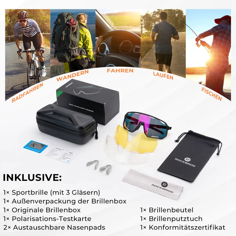 ROCKBROS Fahrradbrille Selbsttönende Sonnenbrille UV-Schutz Wechsel-Nasenpads Damen/Herren