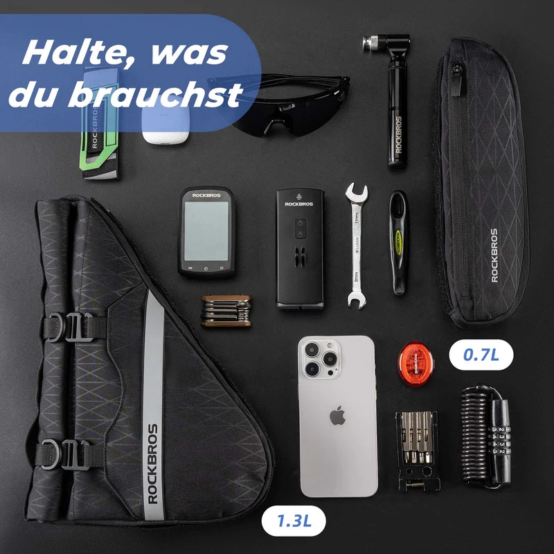 ROCKBROS Fahrradtasche Set 2-in-1 Abnehmbare Rahmentasche 1,3 L+0,7 L Шварц