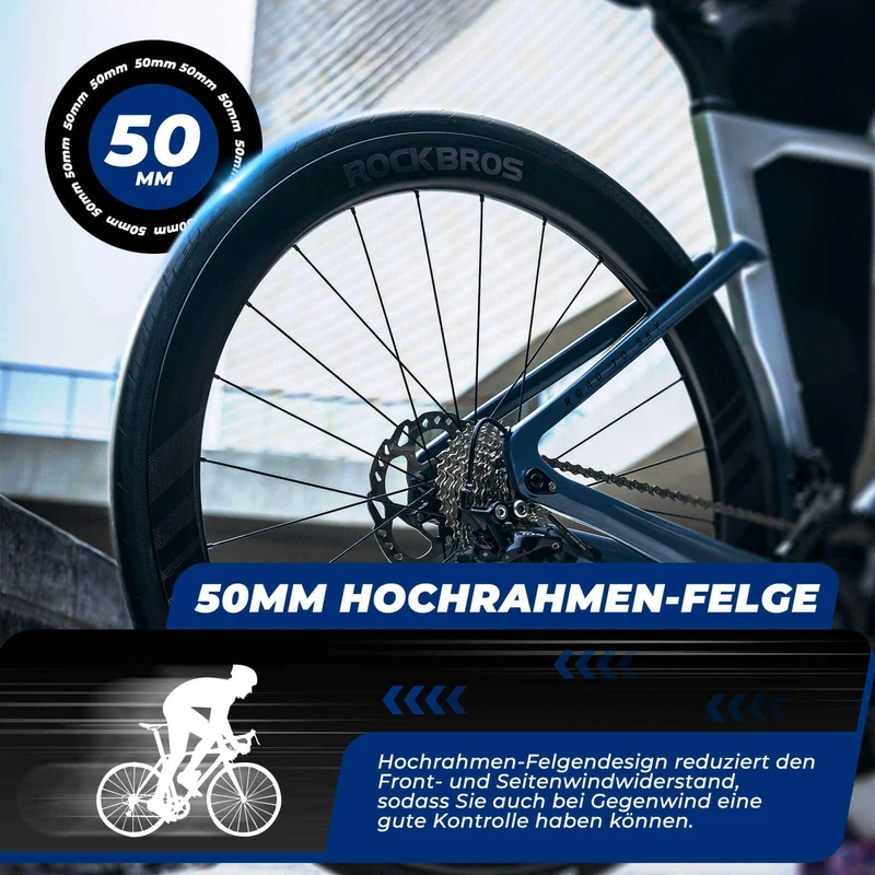ROCKBROS T700 Carbon Laufradsatz 28'' 50mm Scheibenbremse Steckachse Laufrad Set voor Rennrad en SHIMANO 8-12 Fach 24 Speichen 36T-Stahllager