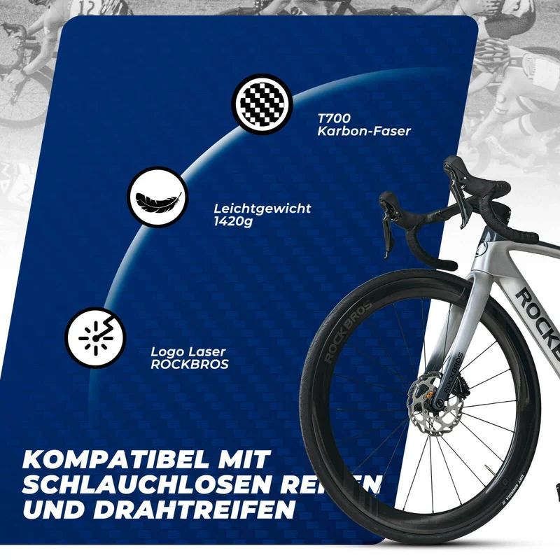 ROCKBROS T700 Carbon Laufradsatz 28'' 50mm Scheibenbremse Steckachse Laufrad Set voor Rennrad en SHIMANO 8-12 Fach 24 Speichen 36T-Stahllager