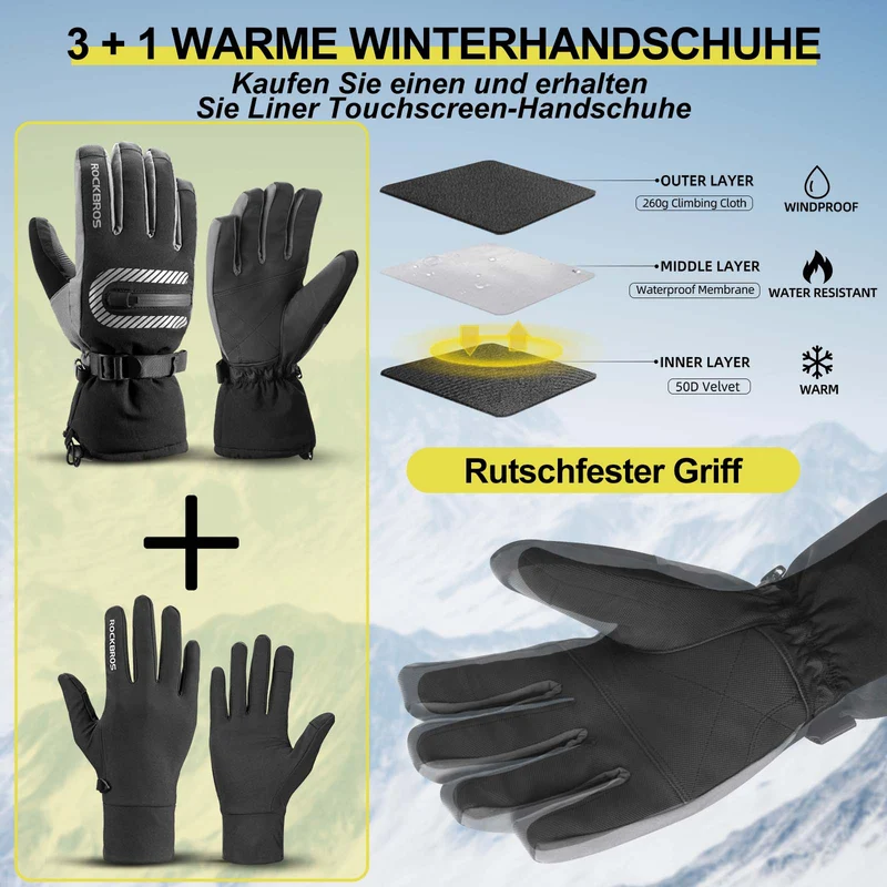 ROCKBROS Skihandschuhe 2 у 1 Winddicht Warme Handschuhe Schwarz M-2XL