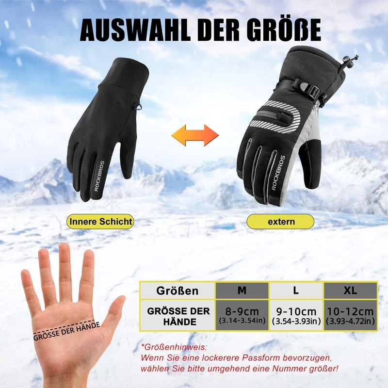 ROCKBROS Skihandschuhe 2 у 1 Winddicht Warme Handschuhe Schwarz M-2XL