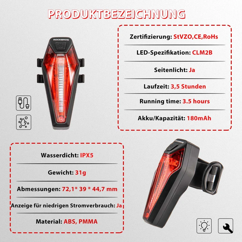 ROCKBROS LED-hinten Fahrradlicht Aufladbarer IPX5 Wasserdicht
