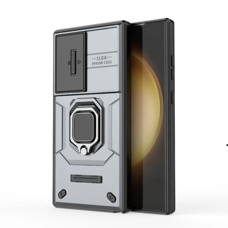 Skanto | Für Samsung Galaxy S24 Ultra 5G Schiebe-Camshield TPU + PC Stoßfeste Handyhülle mit Halter (Grau)