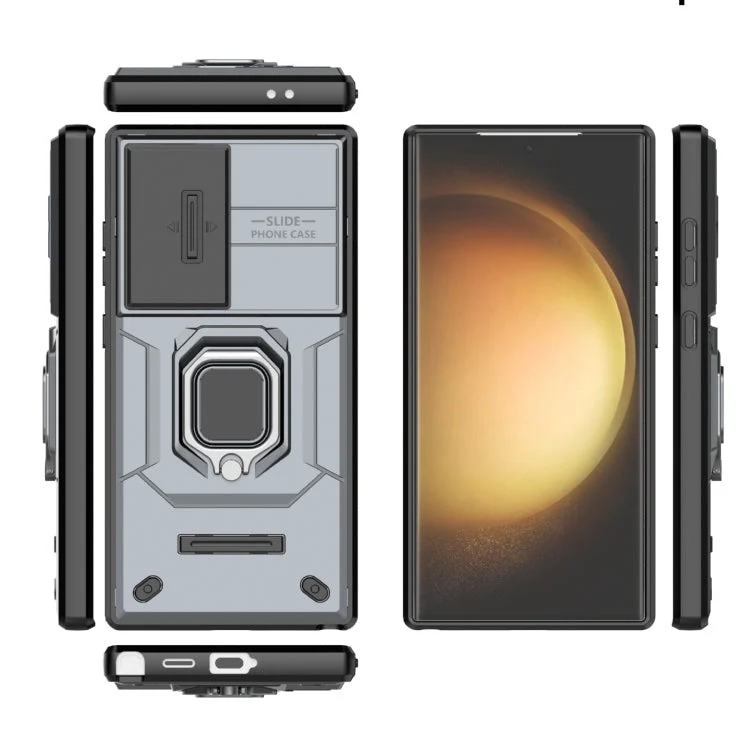 Skanto | Für Samsung Galaxy S24 Ultra 5G Schiebe-Camshield TPU + PC Stoßfeste Handyhülle mit Halter (Grau)