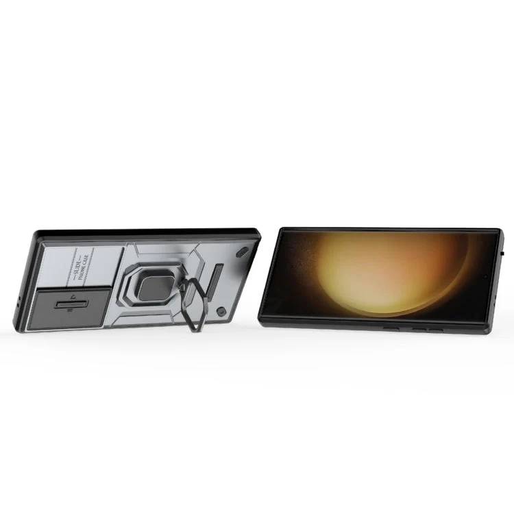 Skanto | Für Samsung Galaxy S24 Ultra 5G Schiebe-Camshield TPU + PC Stoßfeste Handyhülle mit Halter (Grau)
