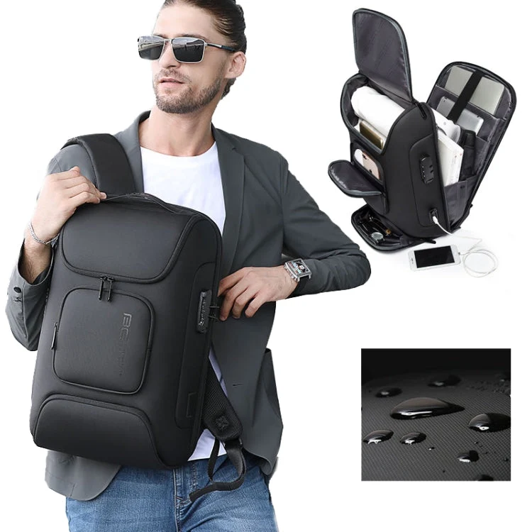 Skanto | BANGE BG-7216plus Diebstahlsicherer wasserdichter Reise-Herrenrucksack 15.6 Zoll Laptoptasche (Schwarz)