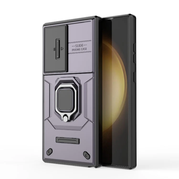 Skanto | Für Samsung Galaxy S24 Ultra 5G Stoßfeste Camshield TPU + PC Handyhülle mit Schiebeabdeckung und Ständer (Lila)