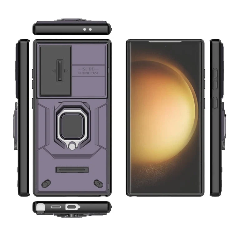 Skanto | Für Samsung Galaxy S24 Ultra 5G Stoßfeste Camshield TPU + PC Handyhülle mit Schiebeabdeckung und Ständer (Lila)
