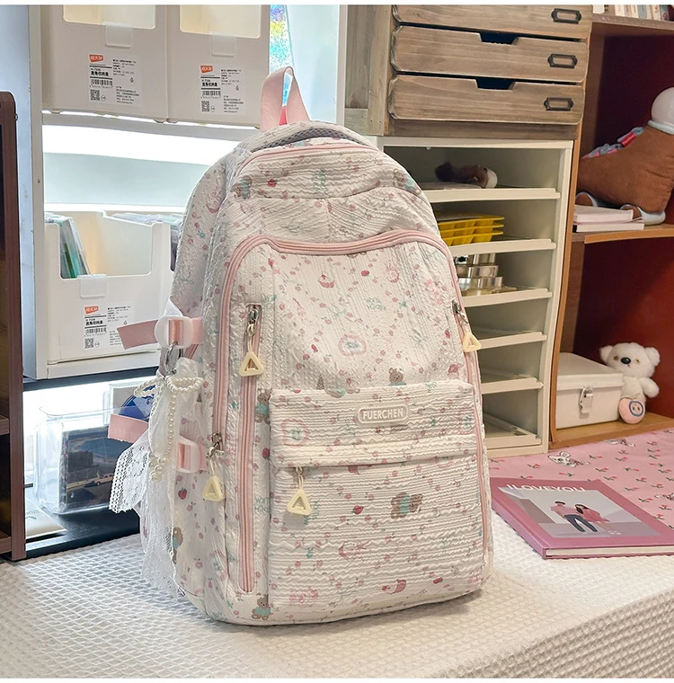 Blumen-Schulrucksack mit mehreren Fächern