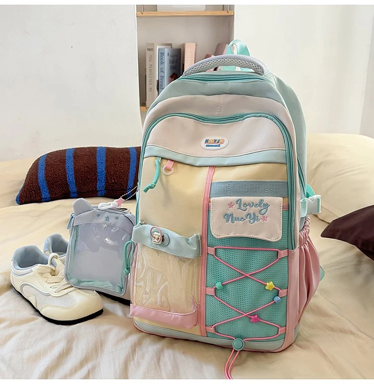 Schulrucksack mit Farbblock-Design und mehreren Taschen