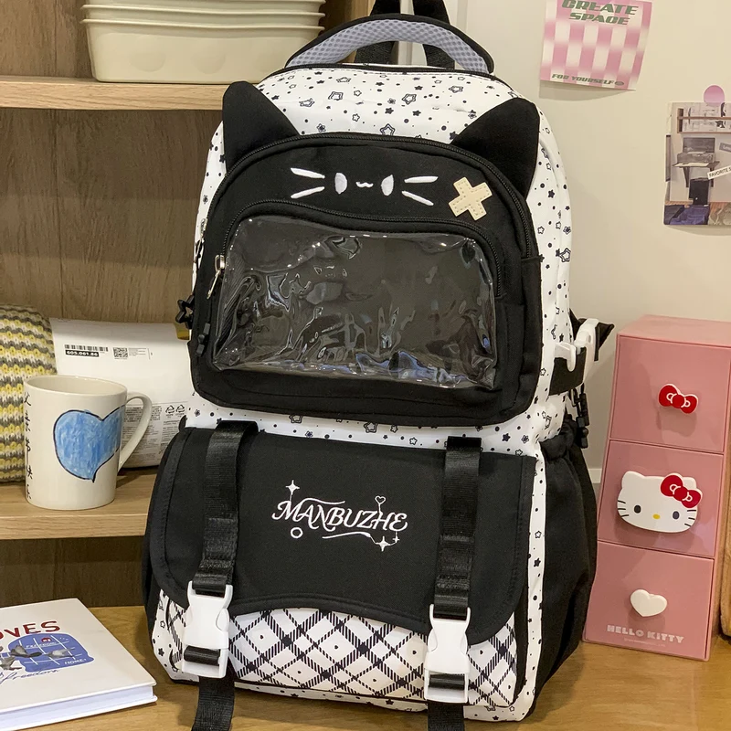 Niedlicher Schulrucksack mit Katzenmotiv und mehreren Fächern