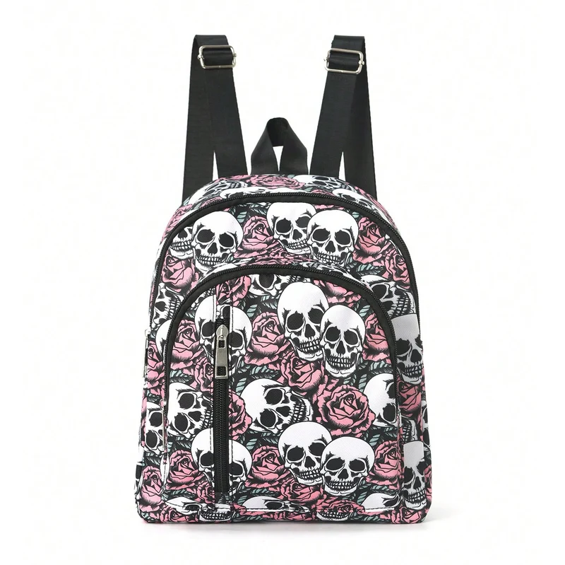 Rucksack mit auffälligem Totenkopf- und Rosenmotiv Skanto