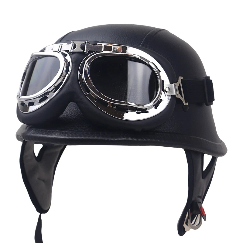 Vintage Leder Motorradhelm mit Brille Skanto