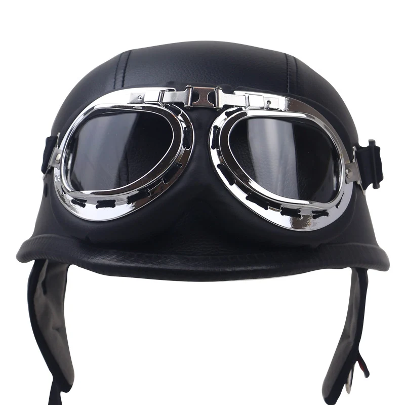 Vintage Leder Motorradhelm mit Brille Skanto