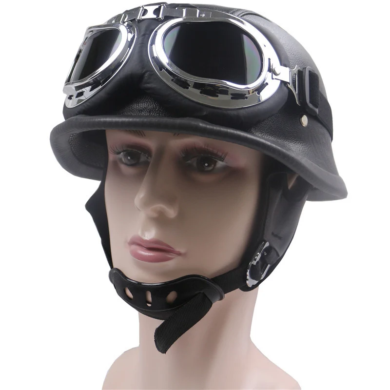 Vintage Leder Motorradhelm mit Chrombrille Skanto