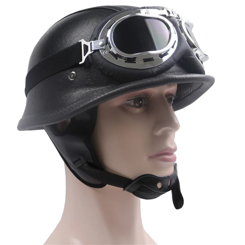 Vintage Leder Motorradhelm mit Chrombrille Skanto