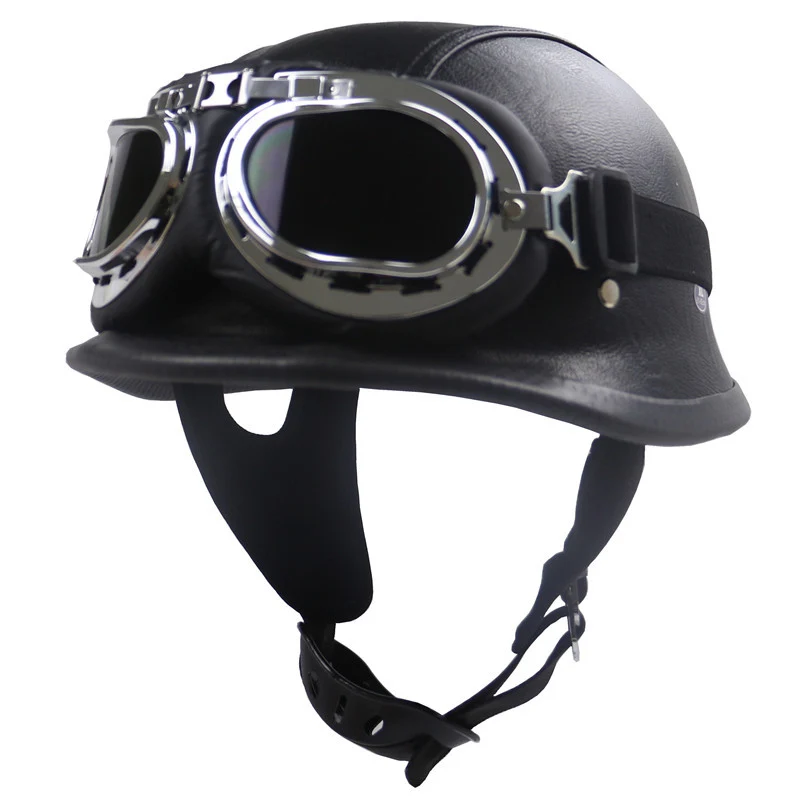 Vintage Leder Motorradhelm mit Chrombrille Skanto