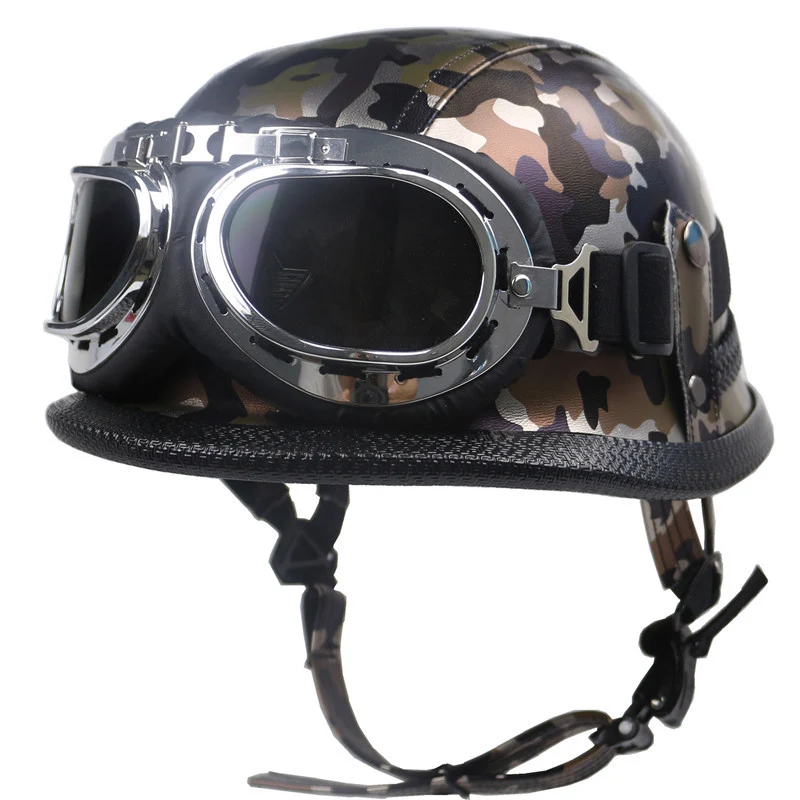 Vintage Leder Motorradhelm mit Brille Skanto