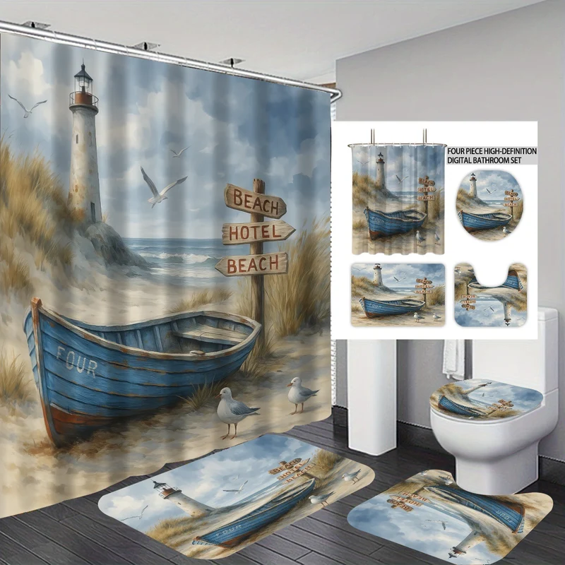 4-teiliges Badezimmer-Set im Küsten-Leuchtturm-Design Skanto