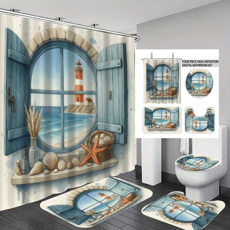 4-teiliges Badezimmer-Set im Küsten-Leuchtturm-Design Skanto