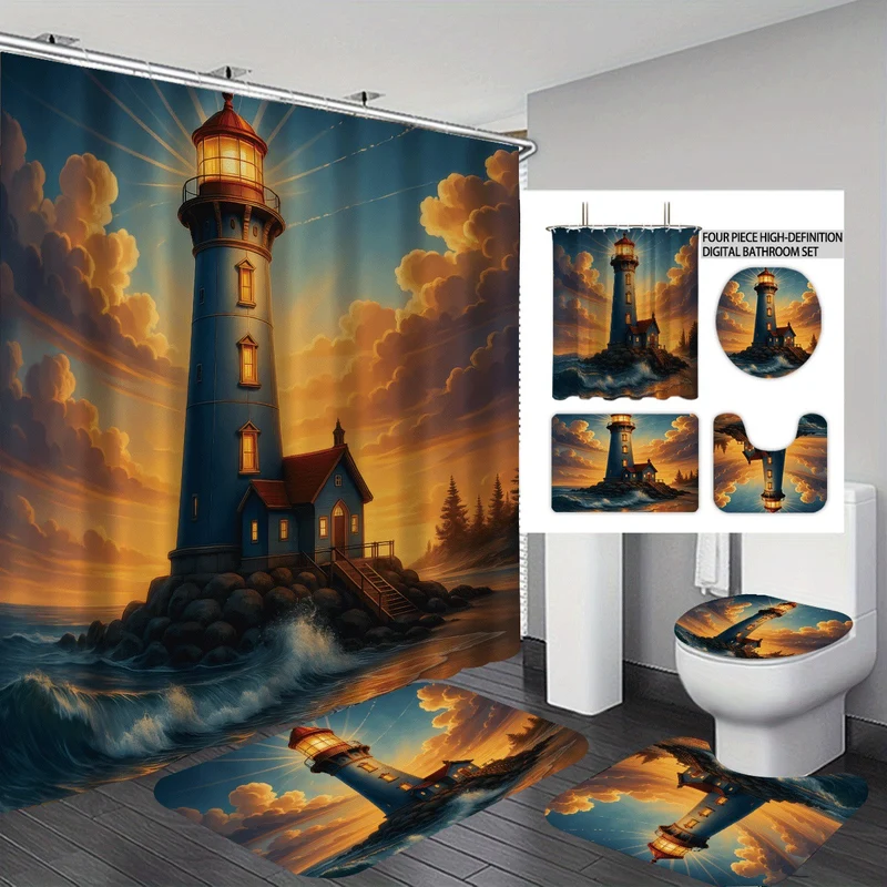 4-teiliges Badezimmer-Set im Küsten-Leuchtturm-Design Skanto