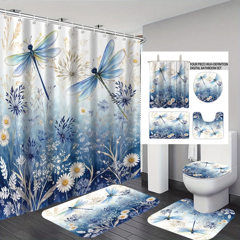 Vierteiliges Digitales Badezimmer-Set mit künstlerischem Libellenmotiv Skanto