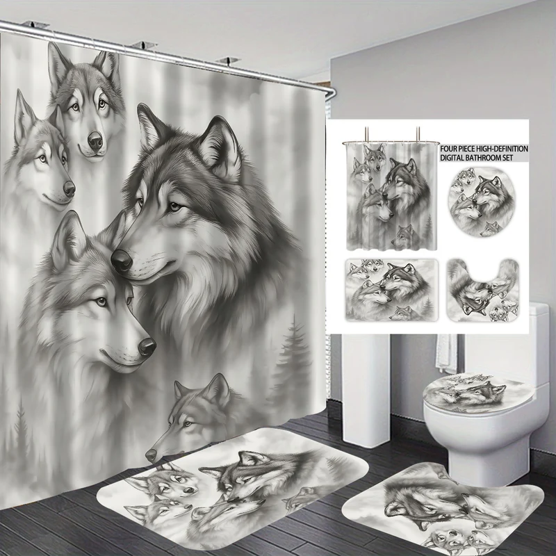 Hochauflösendes Badezimmer-Deko-Set Skanto mit Wolfsmotiv
