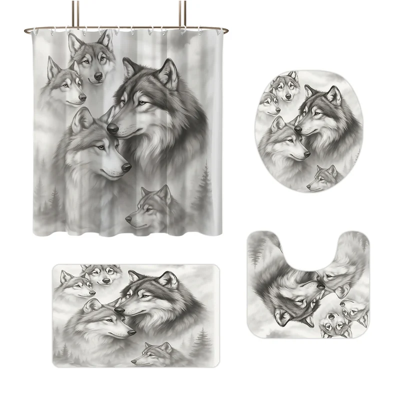 Hochauflösendes Badezimmer-Deko-Set Skanto mit Wolfsmotiv