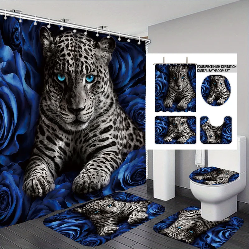 Künstlerisches High-Definition Badezimmer-Deko-Set Skanto mit Leopard- und Rosenmotiv