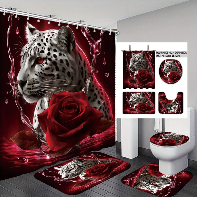 Künstlerisches High-Definition Badezimmer-Deko-Set Skanto mit Leopard- und Rosenmotiv