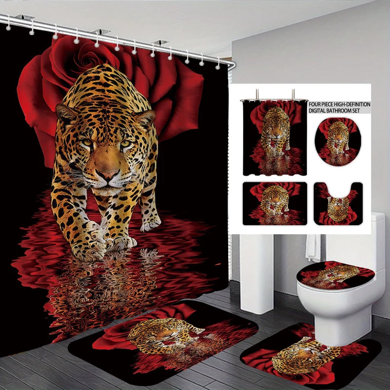 Künstlerisches High-Definition Badezimmer-Deko-Set Skanto mit Leopard- und Rosenmotiv
