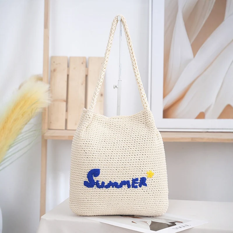 Handgemachte Strohtasche mit Sommermotiv Skanto