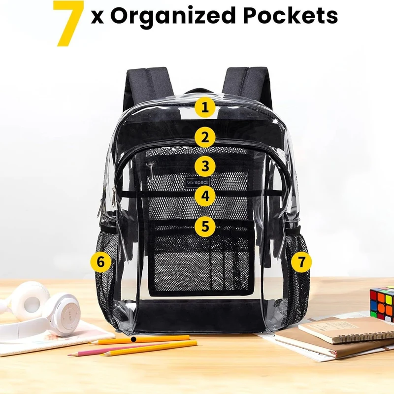 Transparente Schultasche mit atmungsaktiven Mesh-Taschen Skanto