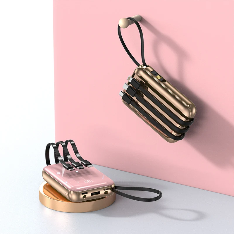 Tragbare Powerbank mit integrierten Ladekabeln und digitaler Ladeanzeige Skanto