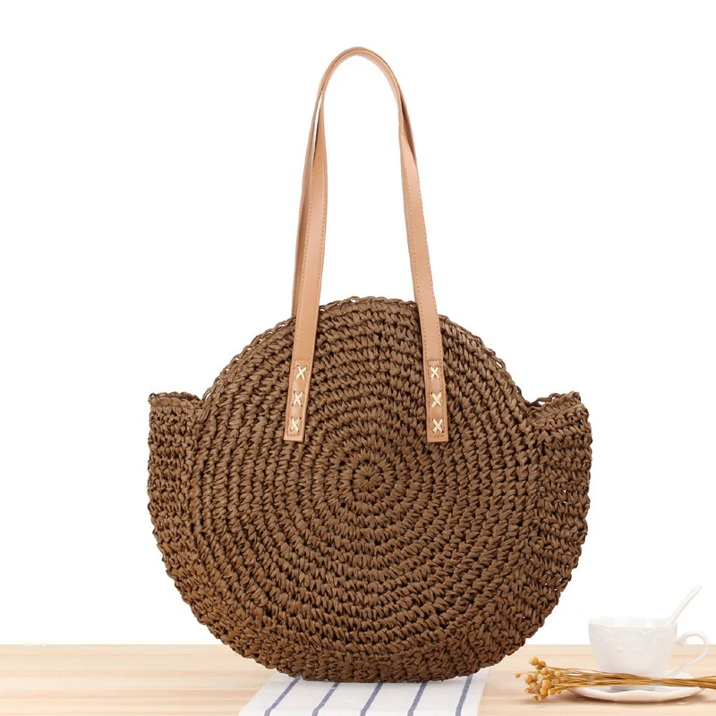 Runde Strohtasche mit Ledergriff Skanto