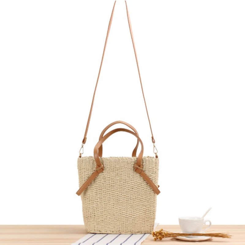 Gewebte Naturmaterial-Handtasche mit abnehmbaren Ledergriffen Skanto