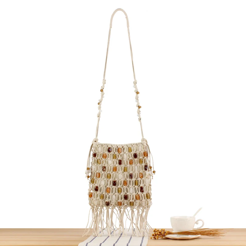 Handgefertigte Umhängetasche mit Zierperlen und Fransen Skanto