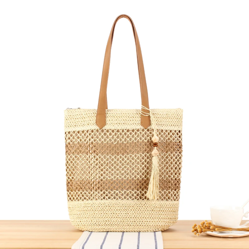 Handtasche aus natürlichem Webmaterial mit eleganten Lederriemen Skanto