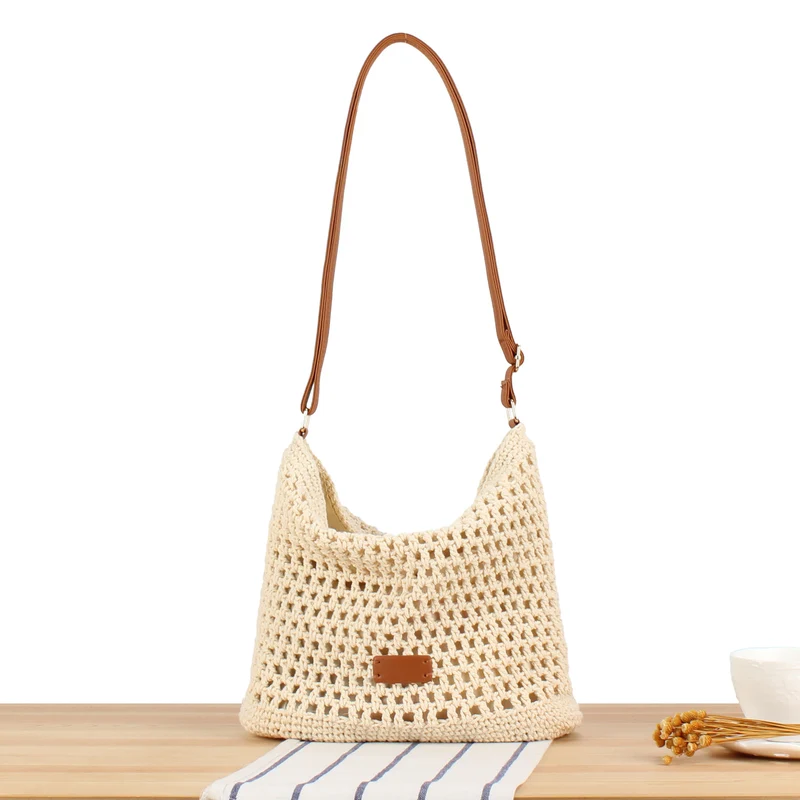 Makramee Schultertasche mit robustem Ledergriff Skanto