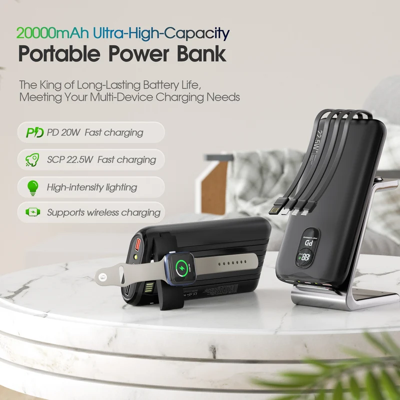 Tragbare Powerbank mit integrierten Ladekabeln und LCD-Bildschirm Skanto