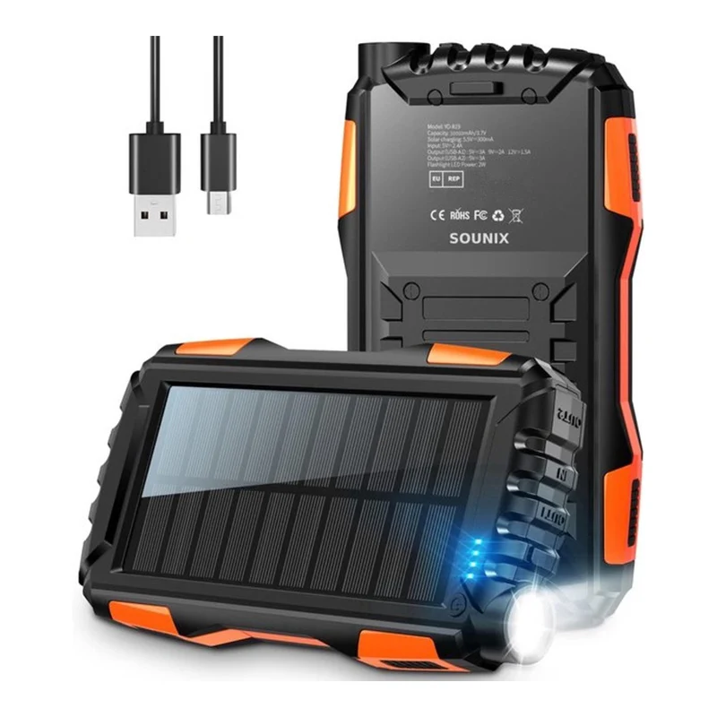 Solarbetriebene Powerbank mit LED-Taschenlampe und robustem Gehäuse Skanto