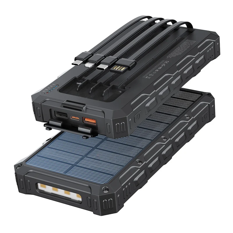 Solar-Powerbank mit integrierten Ladekabeln und robustem Gehäuse Skanto