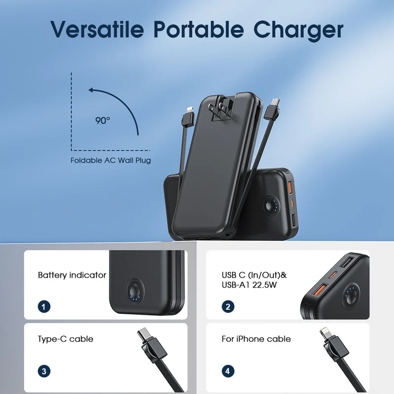 Powerbank mit integriertem Netzstecker und Schnellladefunktion Typ-C Skanto