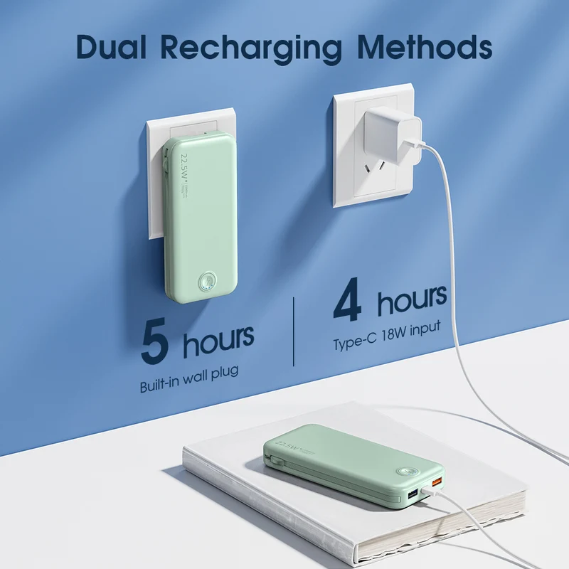 Powerbank mit integriertem Netzstecker und Schnellladefunktion Typ-C Skanto