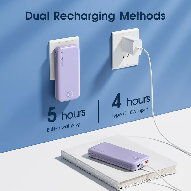 Powerbank mit integriertem Netzstecker und Schnellladefunktion Typ-C Skanto